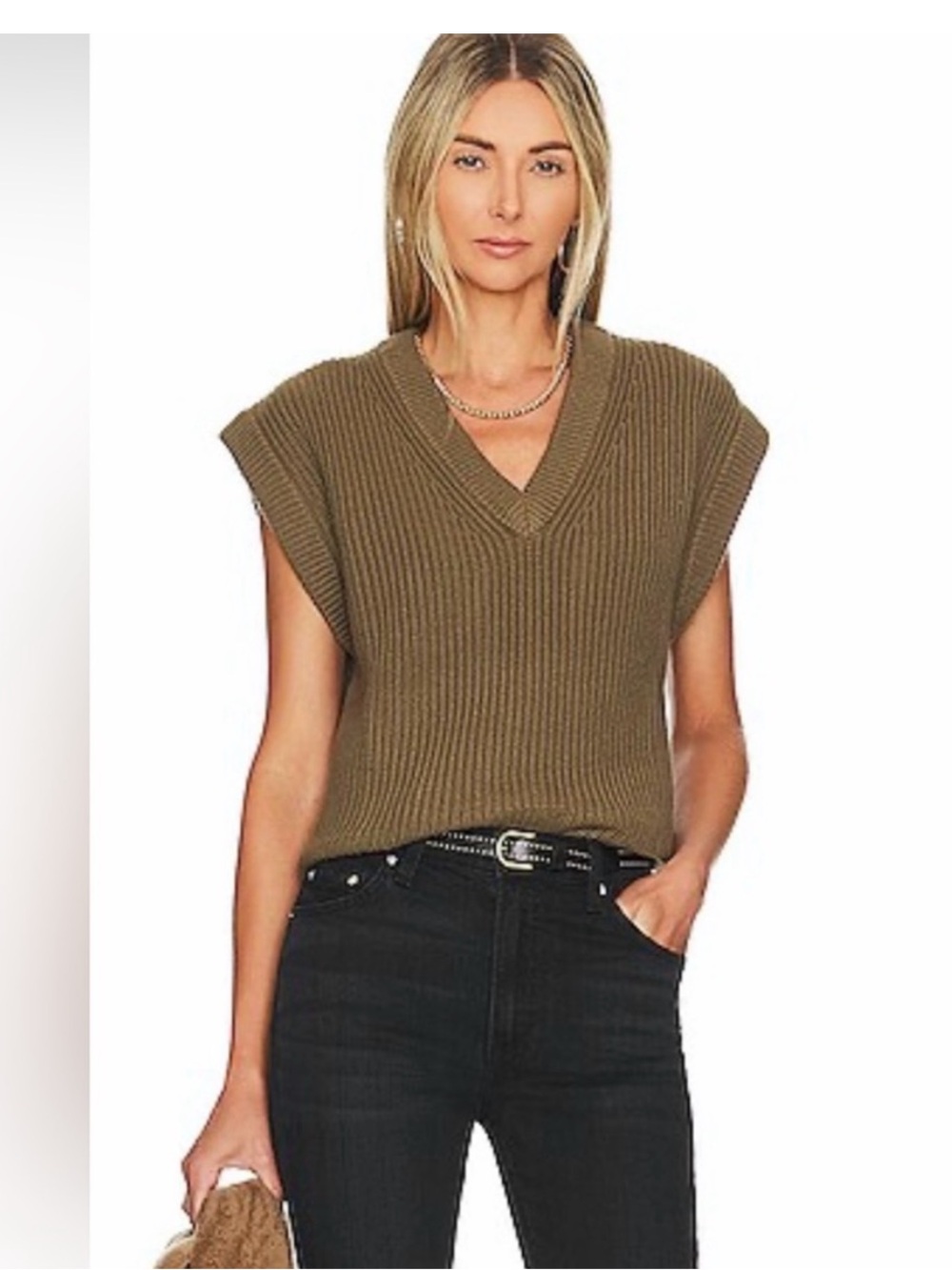Rails Chandler Olive Ribbed V-Neck Sleeveless Sweater Vest Sz Large